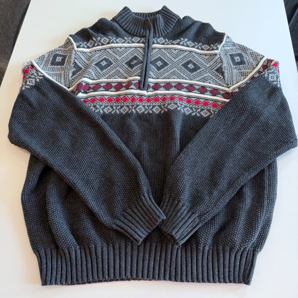 Izod Mens Large Quarter Zip Fair Isle‎ Sweater Grey Cotton Blend Knit Pullover